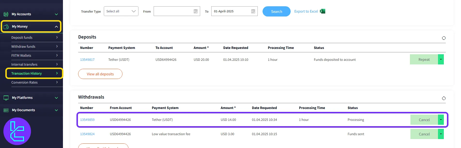 FXTM TRC20 withdrawal in the transaction history sections