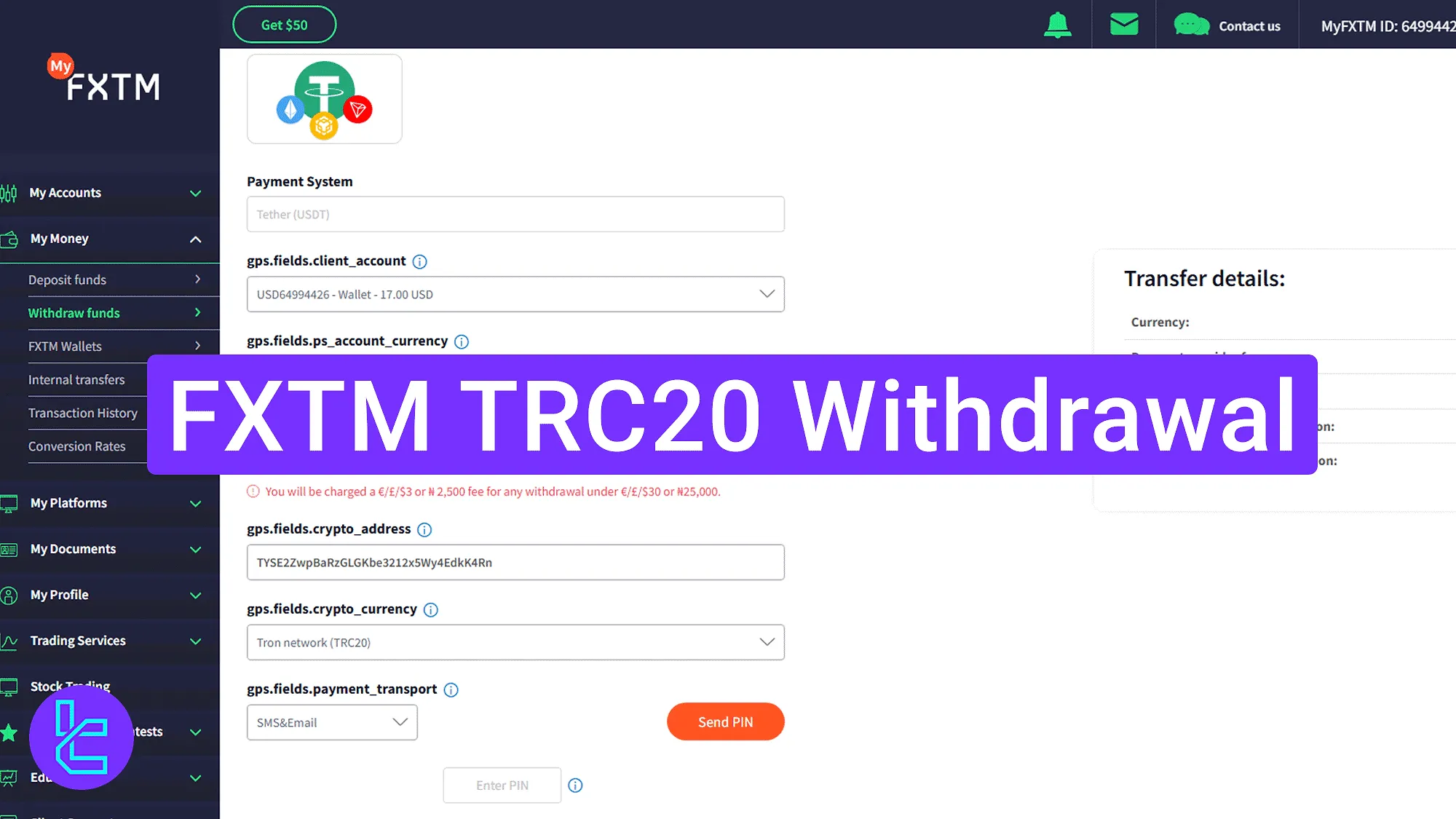 TRC20 USDT payout process on the FXTM platform