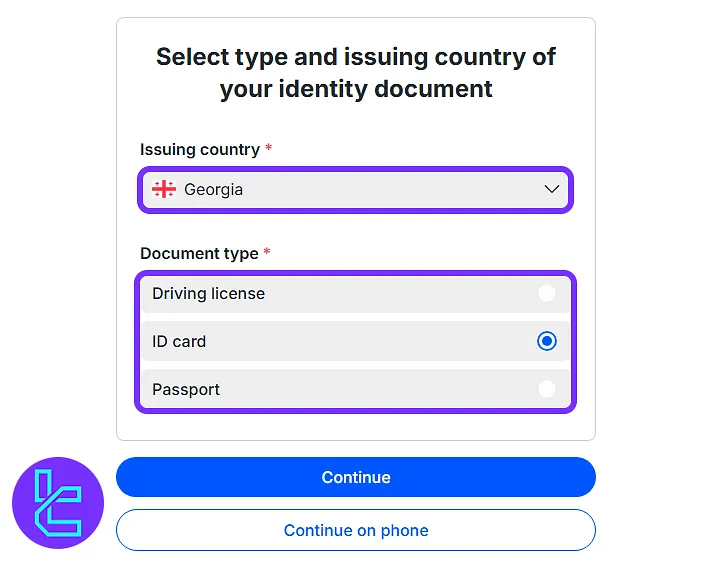 Selecting country and ID document type for Scope Markets identity confirmation