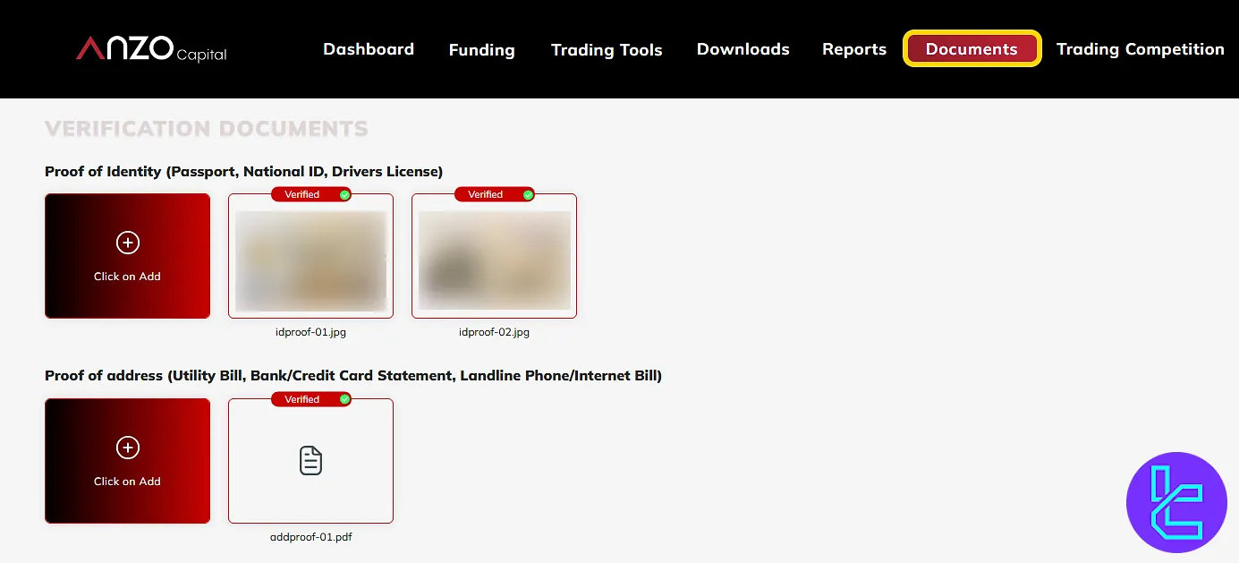 Document review panel showing Anzo Capital authentication progress