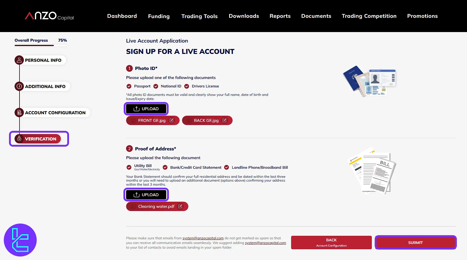 Uploading documents to complete the Anzo Capital KYC