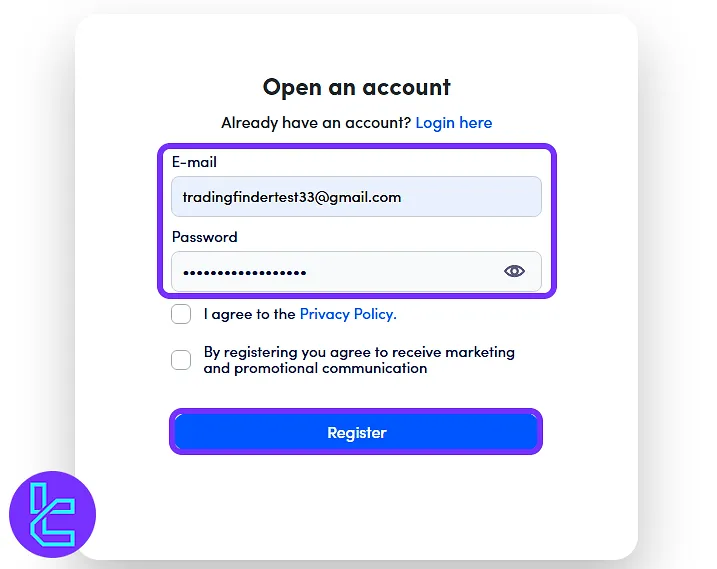 Scope Markets account creation details form with email and password fields