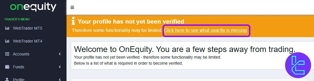 Onequity KYC process in the dashboard