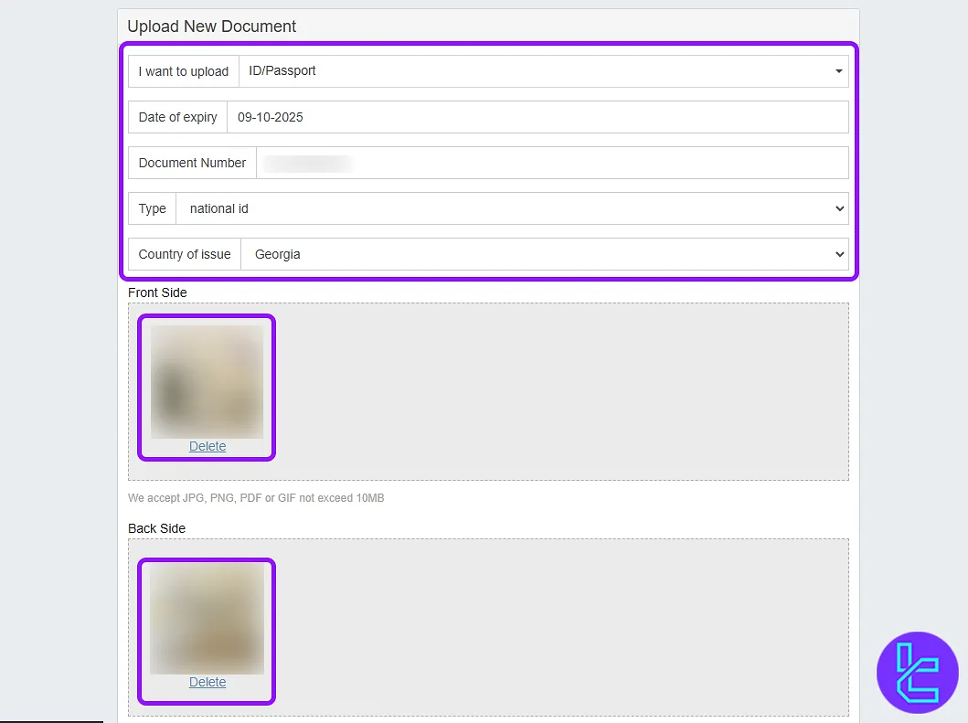 The document upload form on OnEquity KYC