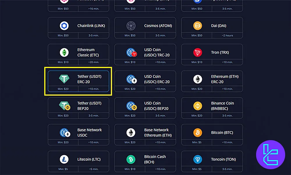 Selecting the Pocket Option Deposit option and the Tether ERC-20 as the Method