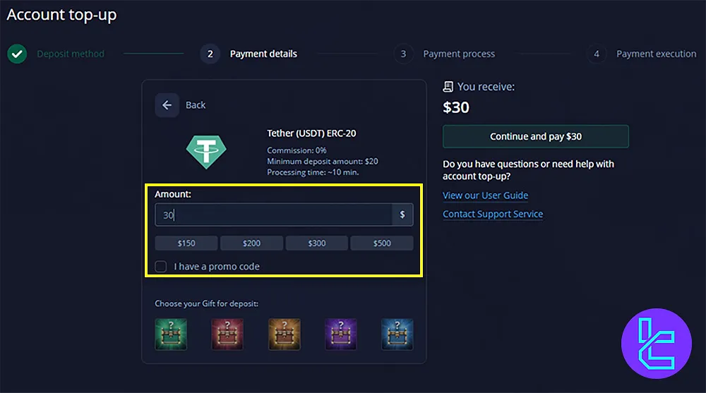 Entering the Pocket Option Deposit Amount in Tether ERC-20