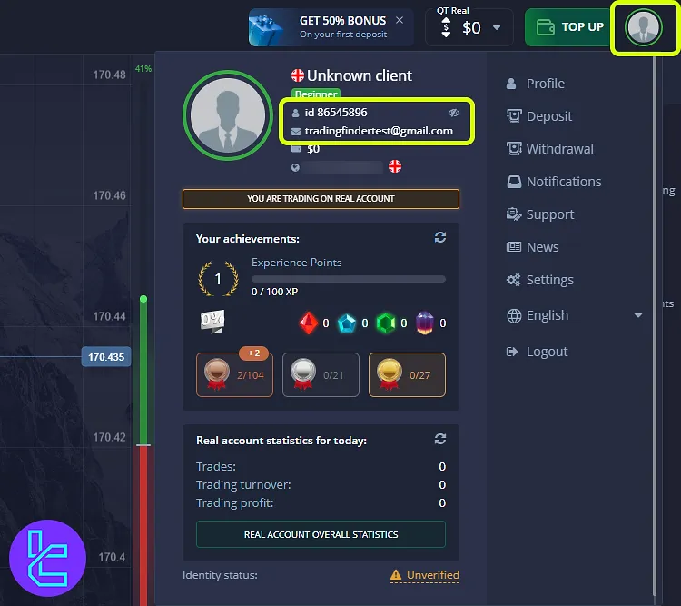 Pocket Option avatar section for registered account dtails