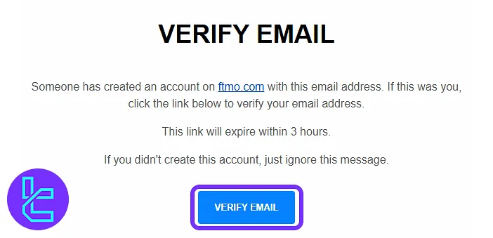 FTMO email confirmation screen for the account creation