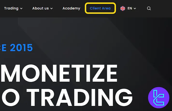 FTMO homepage showing the "Client Area" button to start the sign-up process