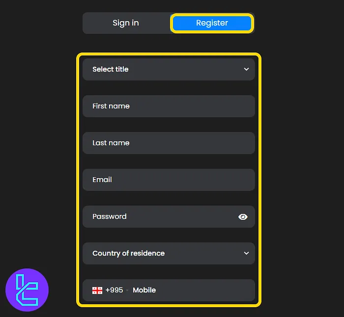 FTMO sign-up form fields for personal information entry