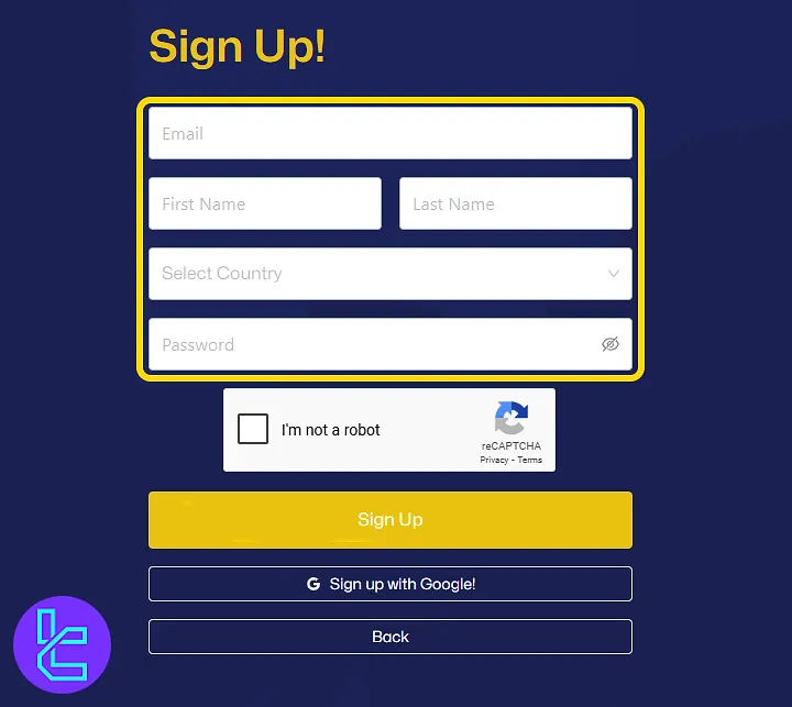 The 5ers registration form with input fields and CAPTCHA