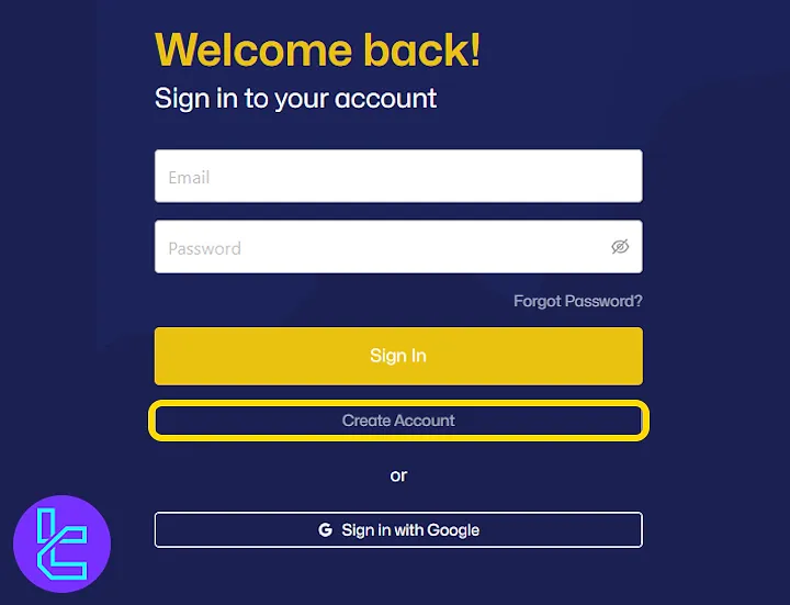 Account creation entry point under the 5ers login form
