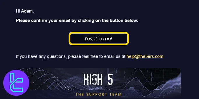 Email verification step in the 5ers account setup process