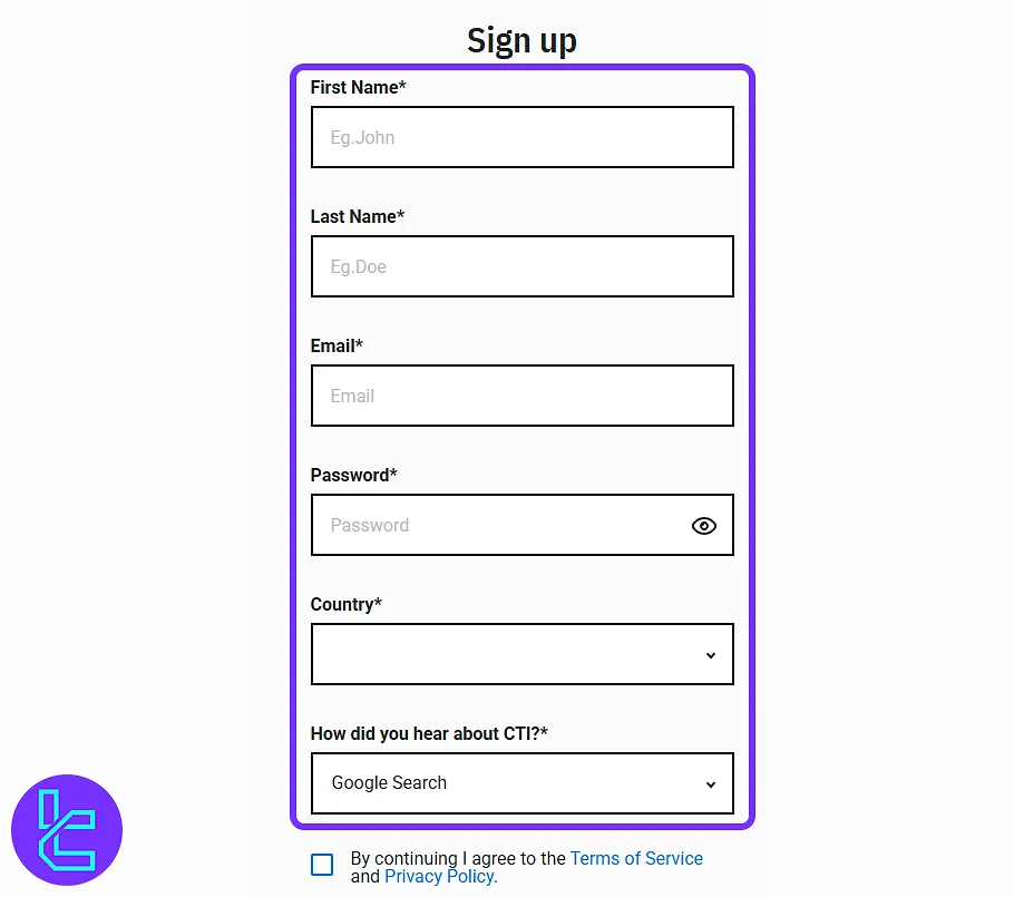 City Traders Imperium account creation form fields including personal info and country