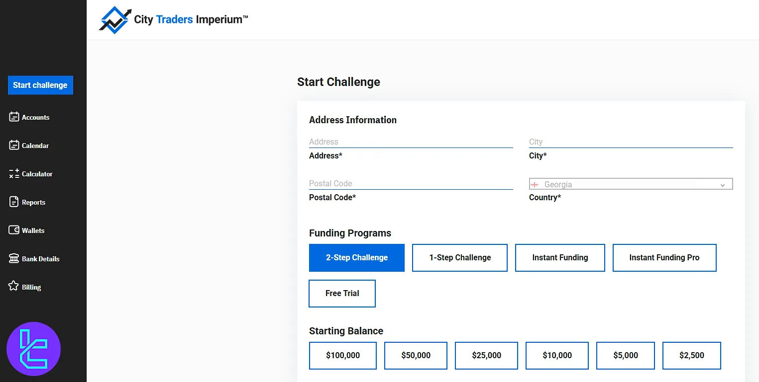 City Traders Imperium dashboard after successful sign-up showing challenge options