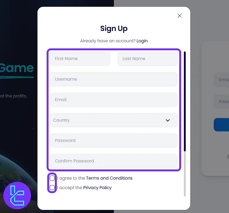 BrightFunded account creation form with personal fields