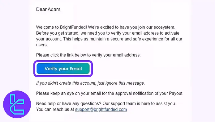 Email verification message from BrightFunded to finish the sign-up process