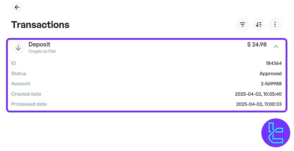 Transaction history page showing completed Amega TRC20 top-up