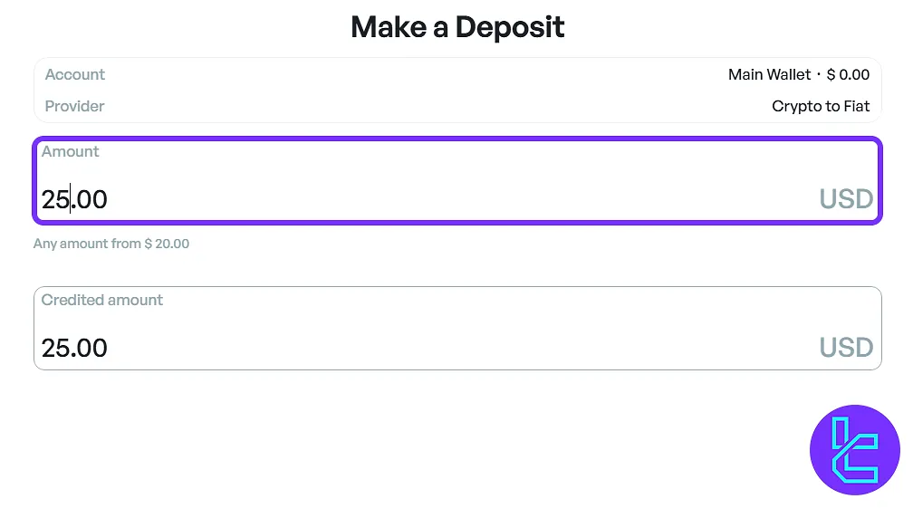 Entering the USDT amount for the TRC20 transaction on the Amega