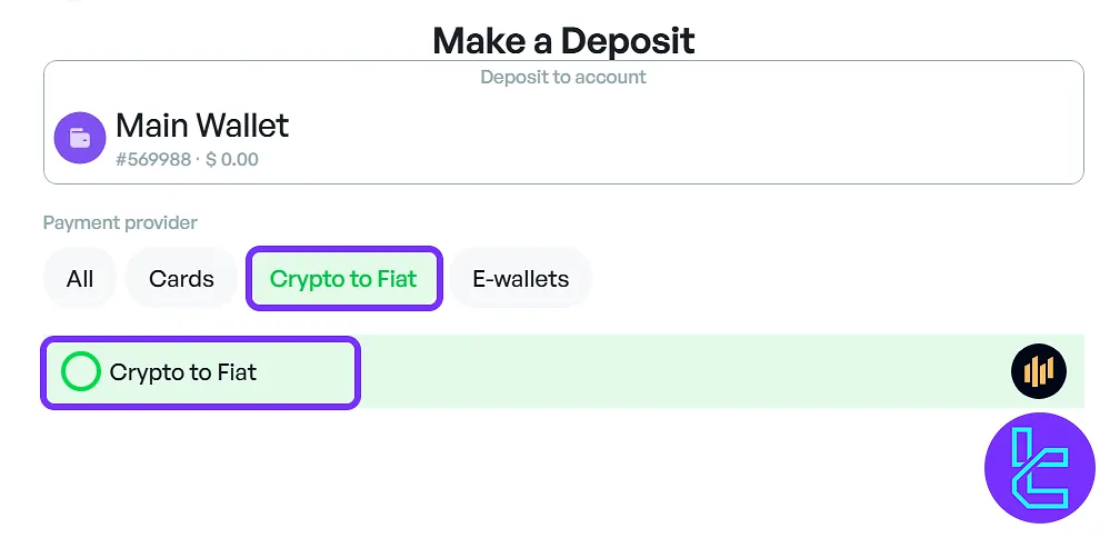 "Crypto to Fiat" payment method selection to pay USDT TRC-20 on the Amega broker