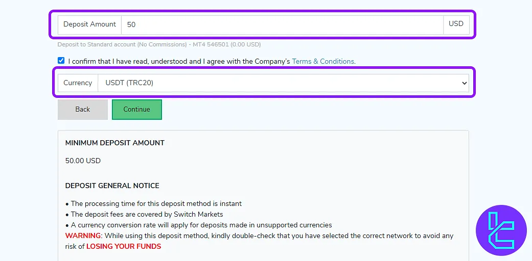 entering details into the Switch Markets TRC20 payment form