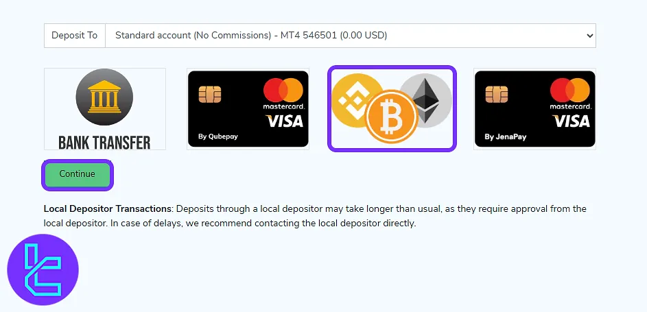 Switch Markets crypto (TRC20) deposit option among other methods