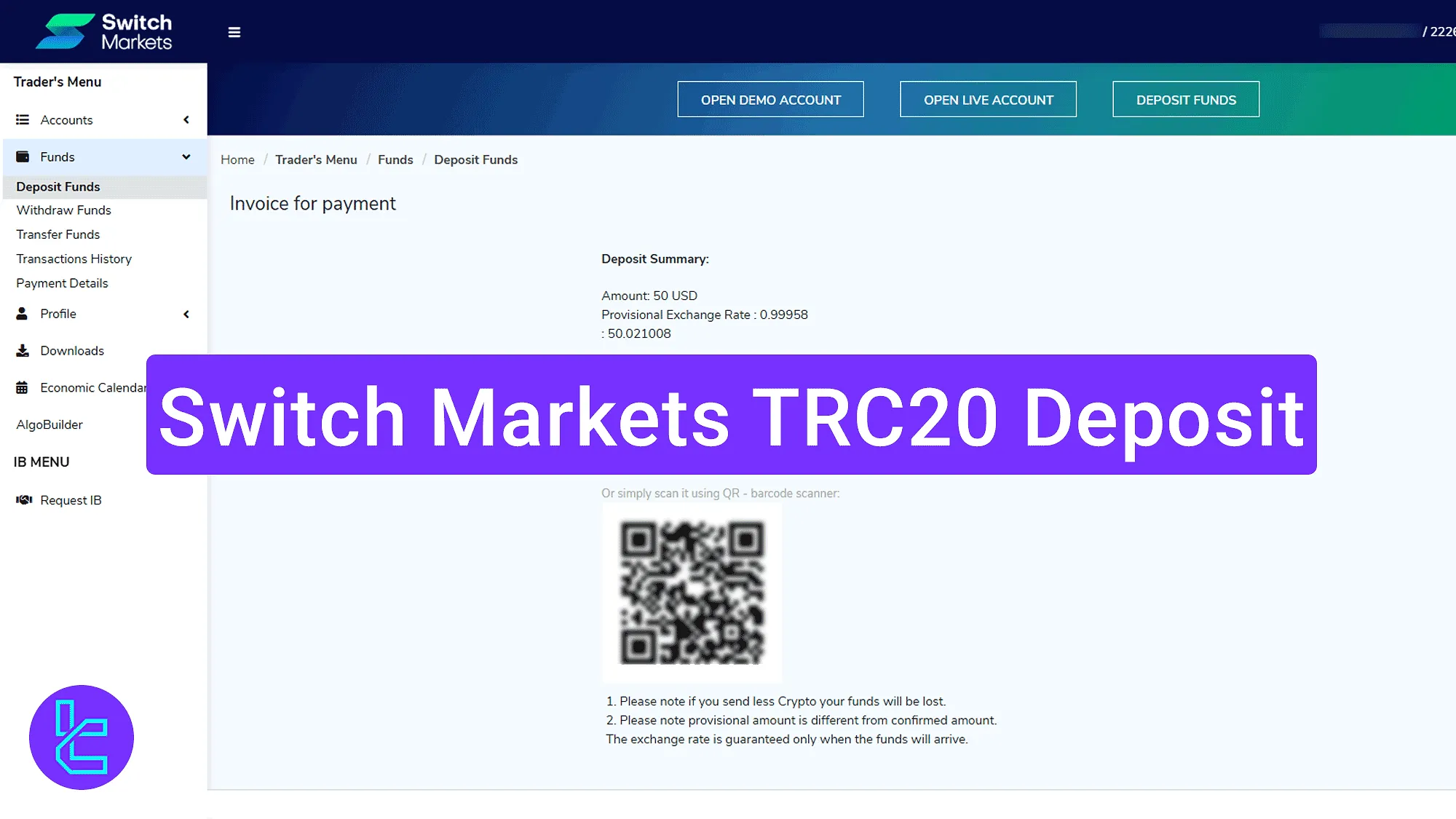 Switch Markets TRC20 payment via wallet QR scan