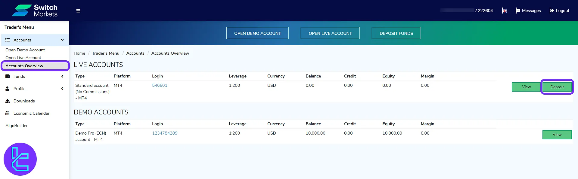 account dashboard with "Deposit" option in Switch Markets to transfer TRC20