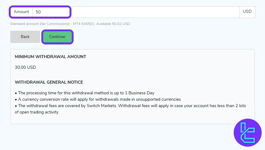 Rntering withdrawal amount on the Switch Markets crypto payout screen