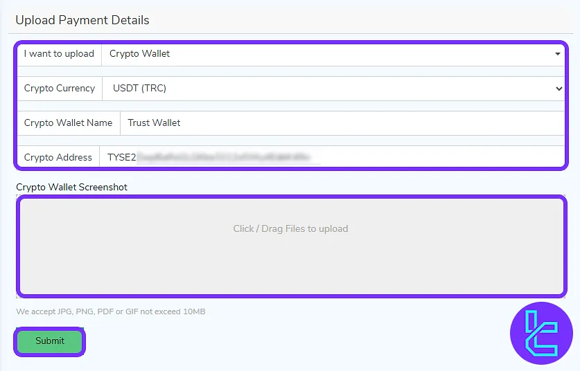 Uploading Switch Markets TRC-20 payout wallet address inforamtion