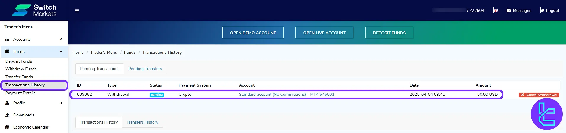 Transaction log showing pending TRC20 crypto payout in the Switch Markets dashboard