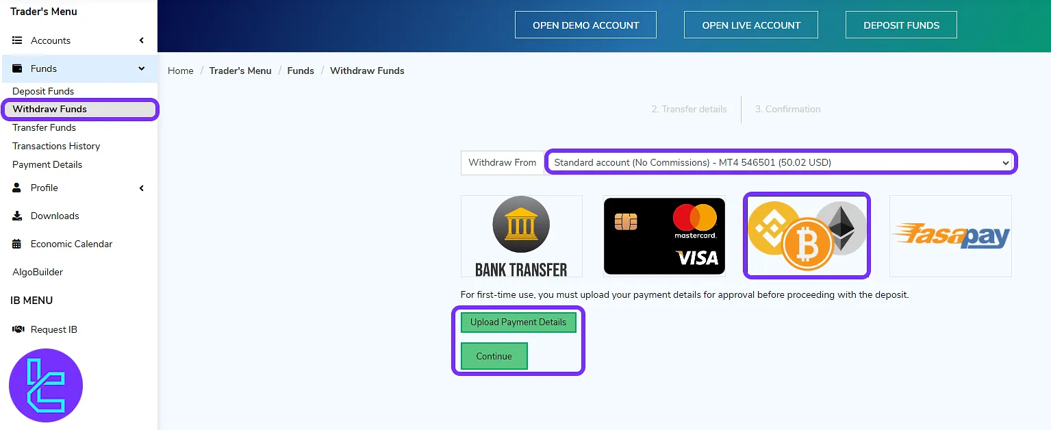 Switch Markets dashboard with withdrawal initiation options to payout TRC20