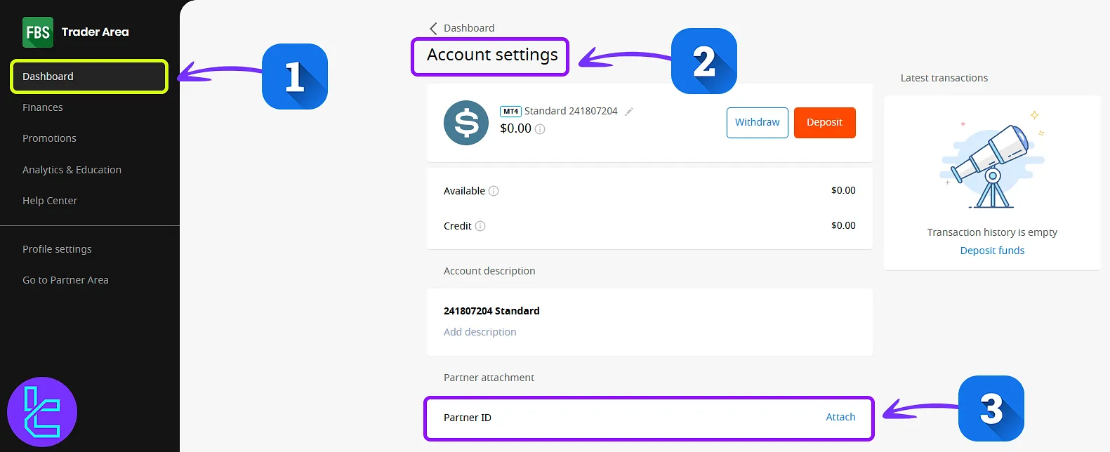 Entering the TradingFinder IB code in the FBS broker dashboard