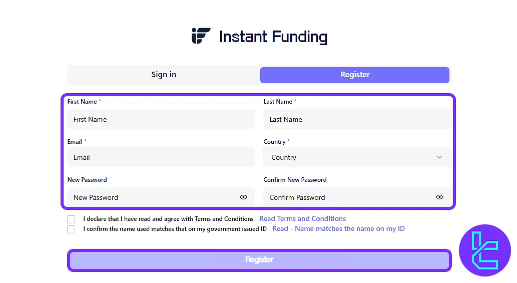 Filling out name, email, and password in the Instant Funding account creation form