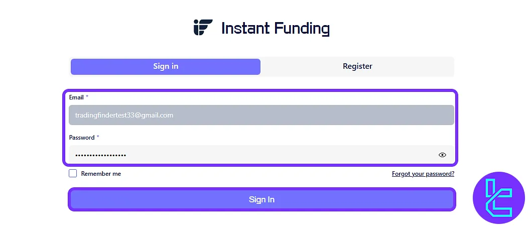 Signing into Instant Funding account using email and password after registration