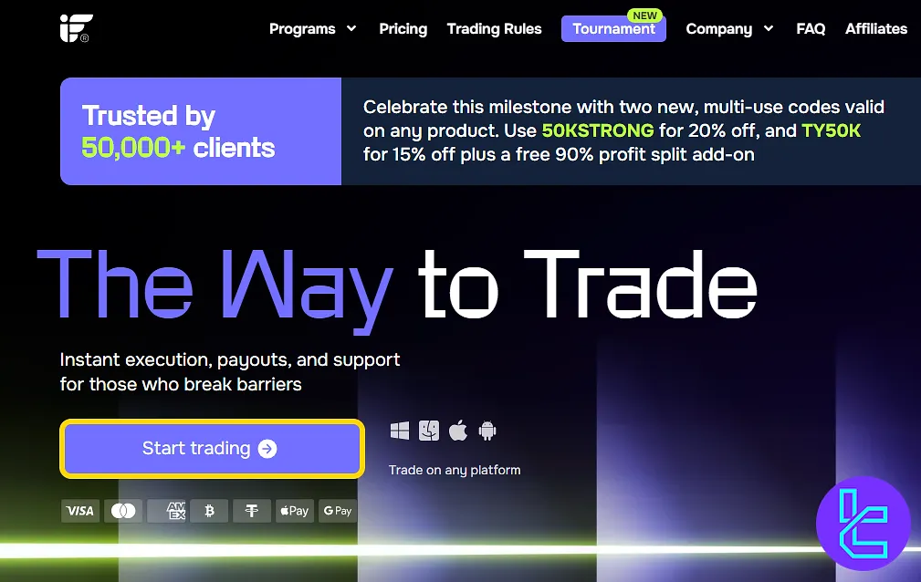 Clicking "Start Trading" on the Instant Funding website to begin the sign-up process