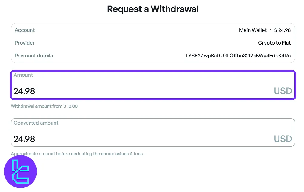 Specifying the amount for TRC20 cash-out in the Amega platform