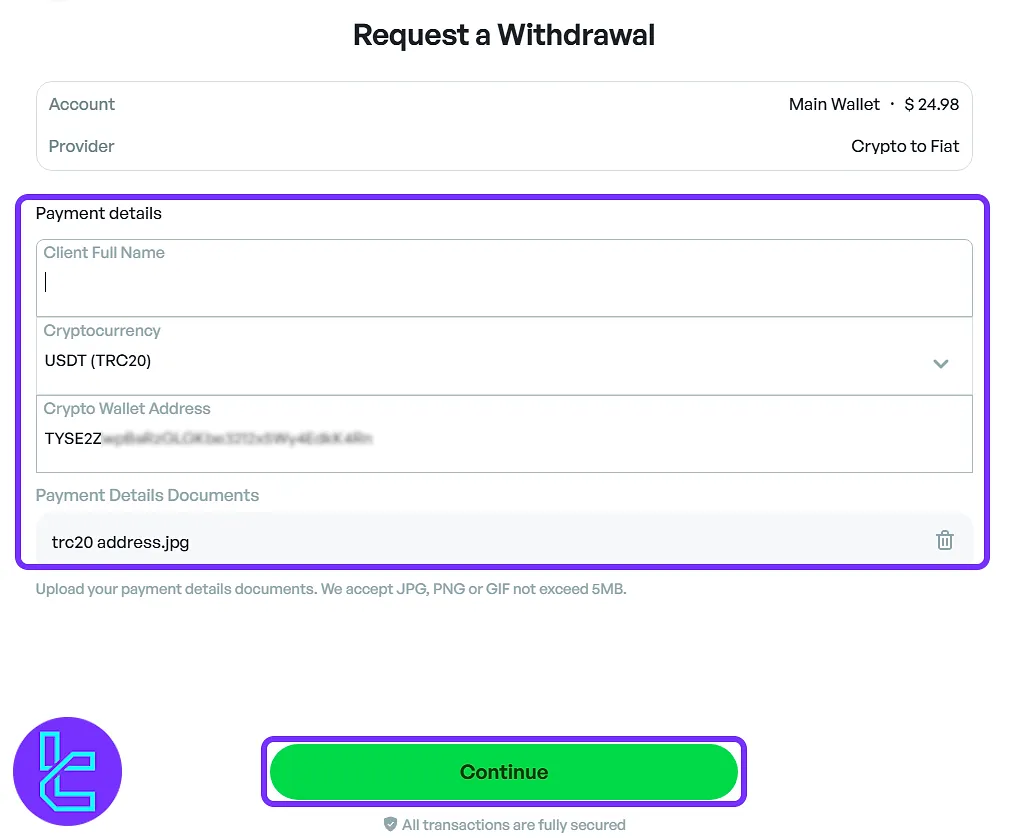Submitting TRC20 wallet address and uploading screenshot for the Amega fund request