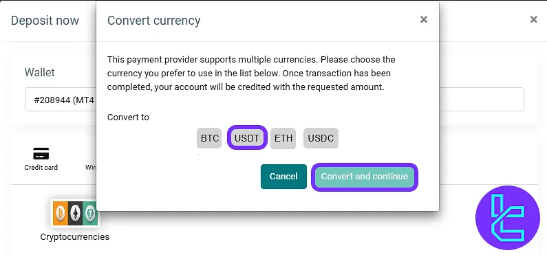 Selecting "USDT" and converting the deposit to proceed with 4XC TRC20 funding