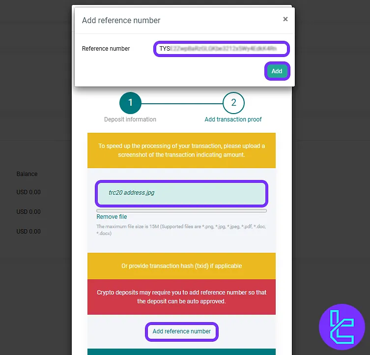 Submitting hash code and reference details after TRC20 payment in the 4XC broker