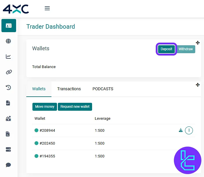 Accessing the 4XC TRC20 funding menu from the dashboard