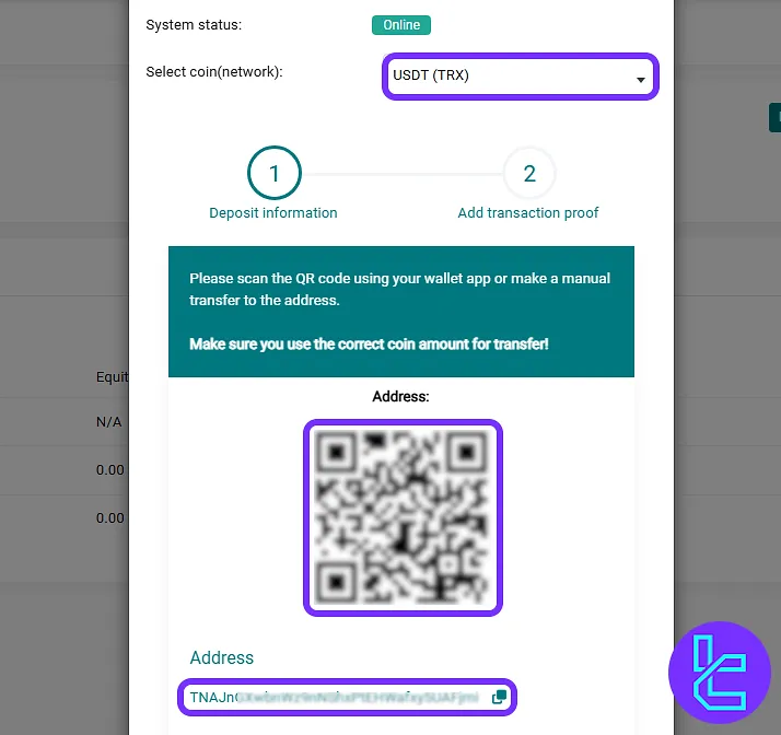 Scanning QR code or copying TRC20 address for USDT transaction in the 4XC broker