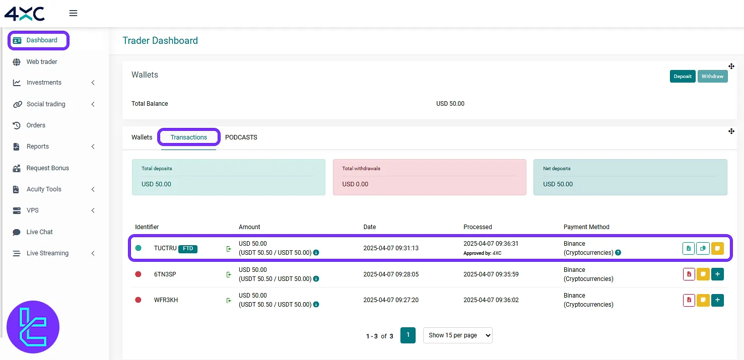 Confirming 4XC TRC20 transaction status from the crypto payments section