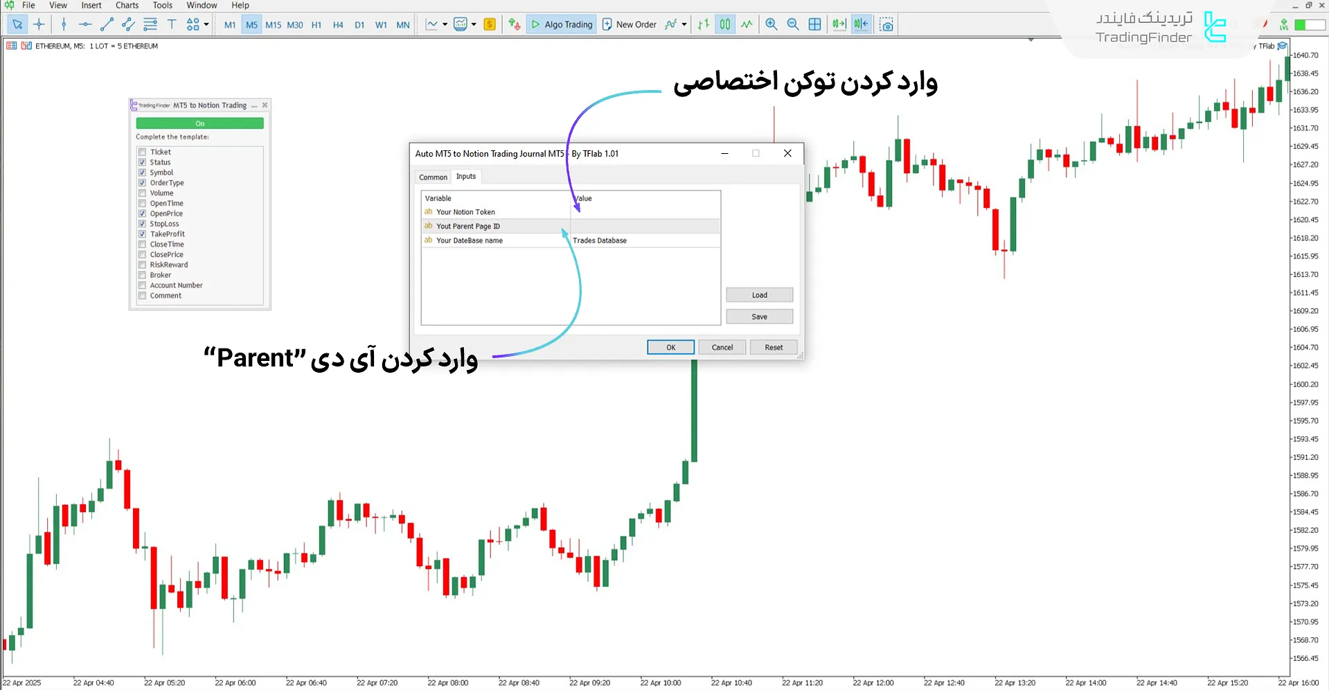 اعمال اکسپرت ثبت ژورنال معاملاتی MT5 در نوشن بر روی نمودار