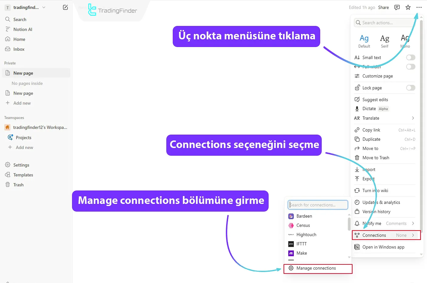 Notion web sitesi menüsüne giriş