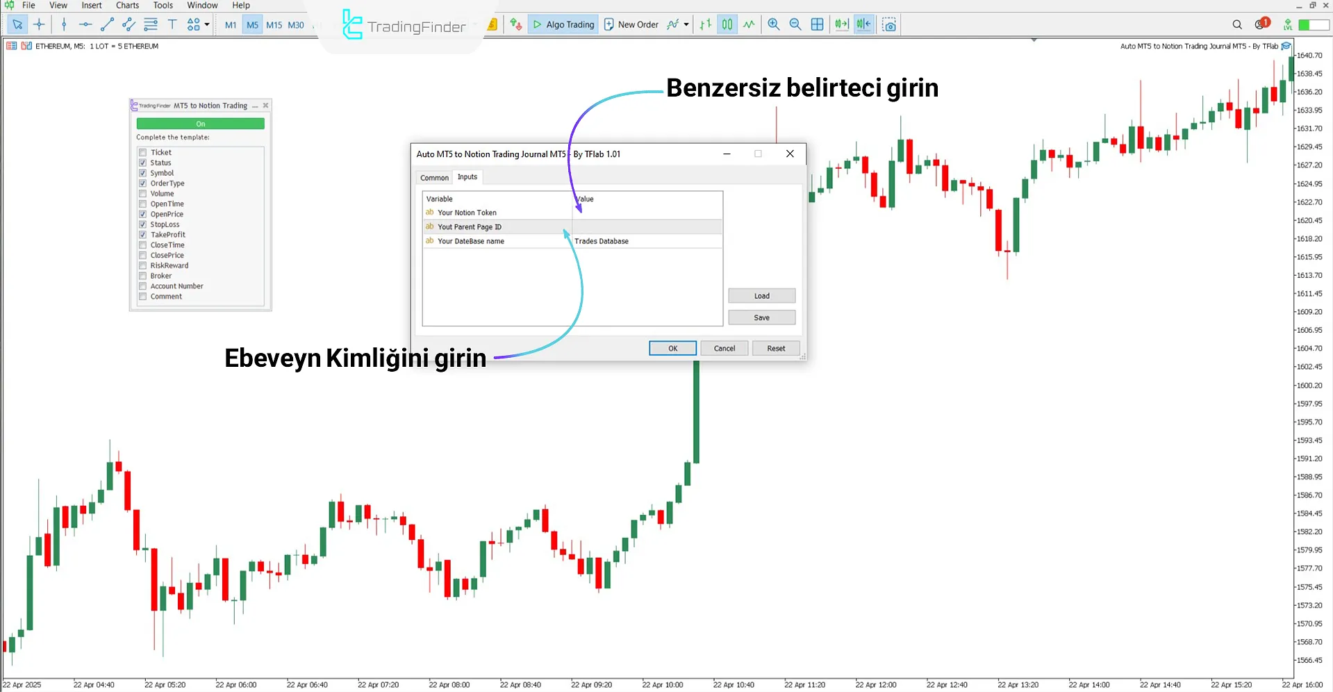 Notion için MT5 İşlem Günlüğü Expert’inin grafiğe uygulanması
