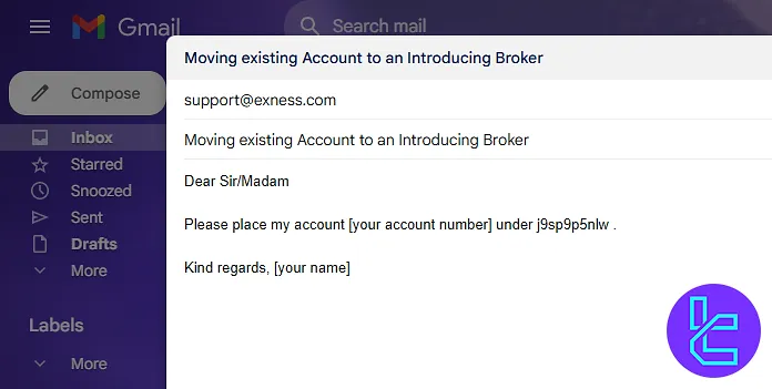 Smaple letter for moving an existing account in the Exness broker