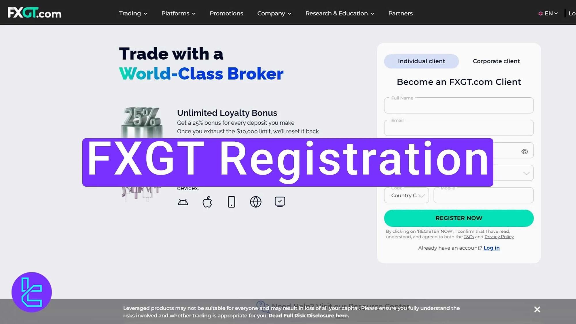 FXGT Registration - Email, Phone, Country, and Password [4 steps] 2025