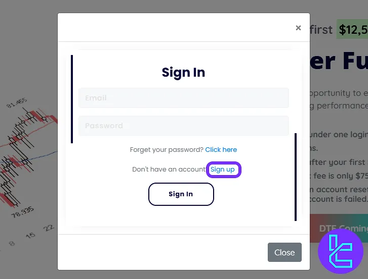 Opening the "Sign up" option in the login popup to the Elite Trader Funding registration
