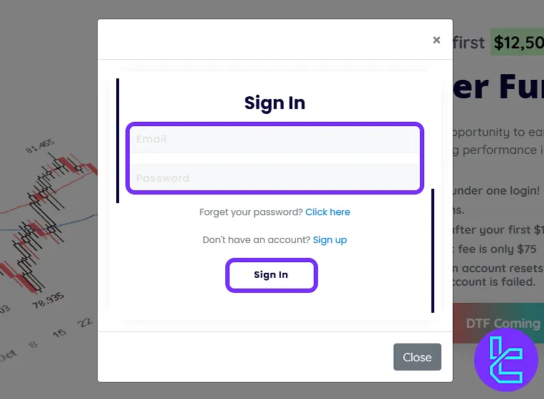 Logging into the Elite Trader Funding account after completing the account creation process